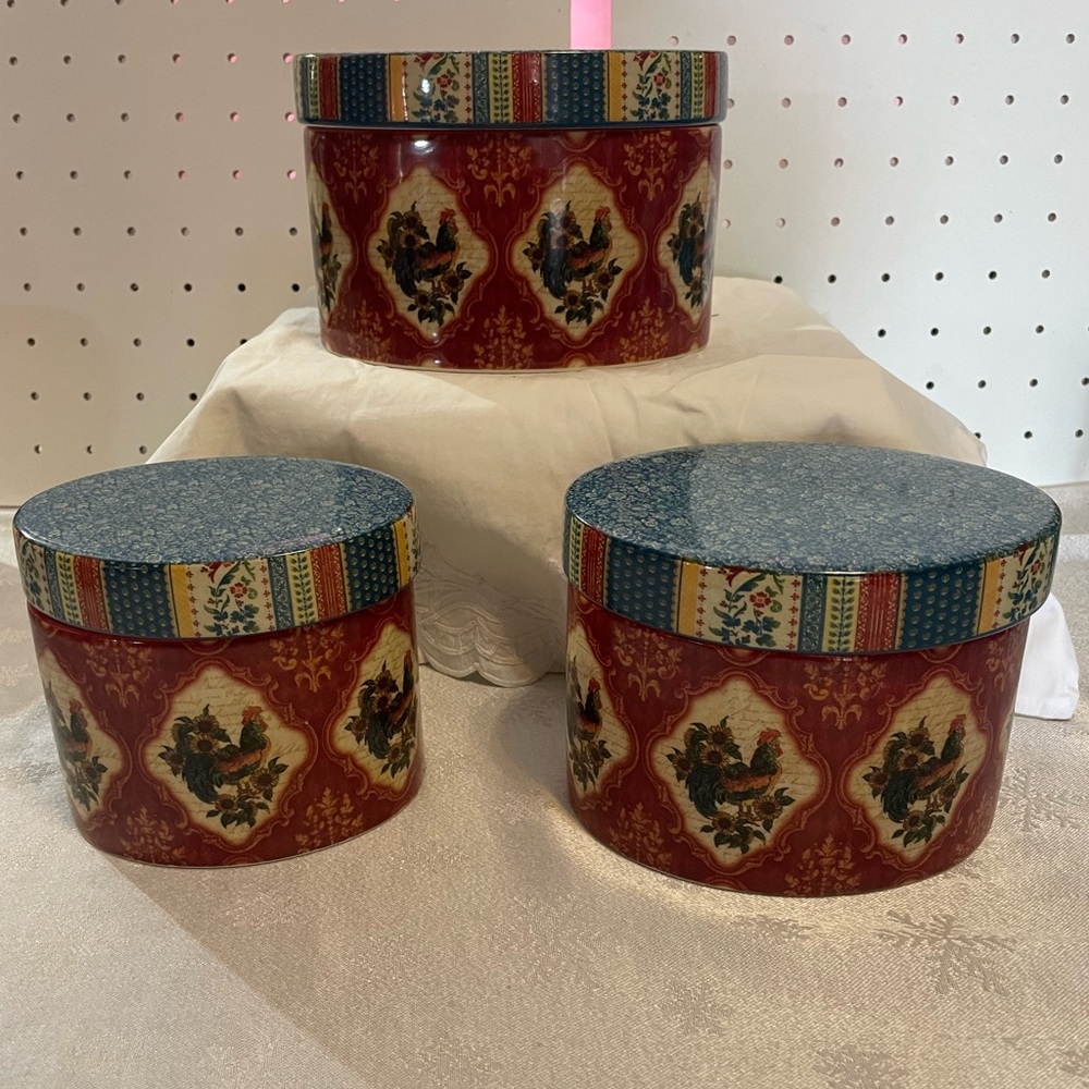 Certified International Ceramic Oval Rooster Canister Set Of 3